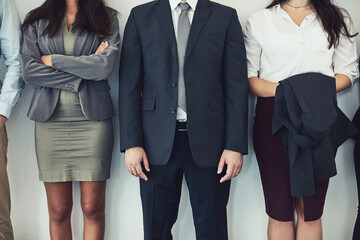 Poster - Business people, queue and group for interview, onboarding and human resources with job search and cv. Work candidates, line and staff for hiring, recruitment and vacancy in waiting room with company