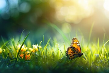 art abstract spring background or summer background with fresh grass and butterfly. AI generated illustration