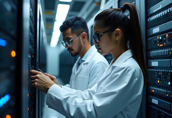 Technicians working in data center, focused on server maintenance and troubleshooting. Their concentration highlights importance of technology in modern infrastructure