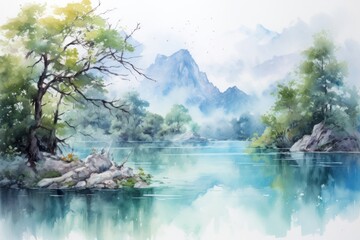 Poster - Lake border landscape painting outdoors.