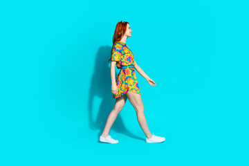 Sticker - Full length photo of lovely young lady profile walking dressed stylish colorful garment isolated on cyan color background