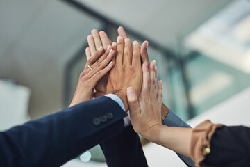 Poster - Business people, high five and motivation with team for meeting, collaboration or mission at office. Closeup, employees or group with hands together in huddle, solidarity or support for cooperation