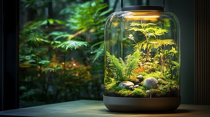 Poster - A glass terrarium with delicate ferns, lush moss, and stones, illuminated by soft LED lights, the warm light highlighting the intricate textures and creating a serene,