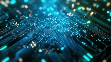 Poster - detailed shot of a circuit board with techno dots representing electronic connections.