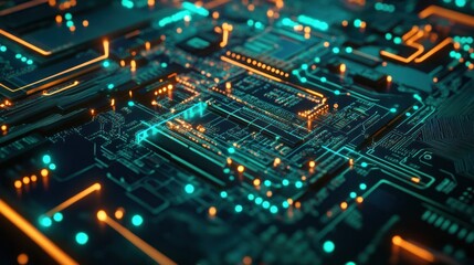Poster - detailed shot of a circuit board with techno dots representing electronic connections.