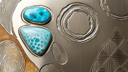 Canvas Print - Close up of a metal plate with turquoise gemstones and an intricate etched design.