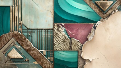 Wall Mural - Abstract wall with peeling paint and layered geometric patterns.