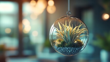 Canvas Print - A hanging glass terrarium with air plants and carefully placed pebbles, suspended in a modern, minimalist interior, soft daylight highlighting the simplicity and elegance of the plants,