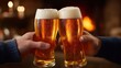 © upnowgraphics - Two Glasses of Beer Toasted in Front of a Fireplace