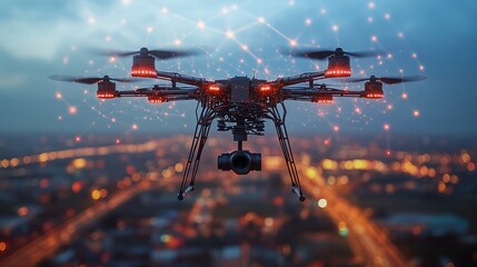 Poster - The drone hovers above a bustling city, equipped with a camera. The evening sky is lit with warm hues as city lights begin to shine.