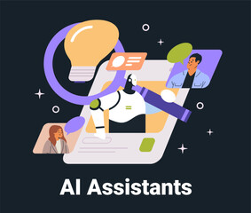 Poster - AI assistants robot interacting with users digital communication light bulb concept dark mode interface website design