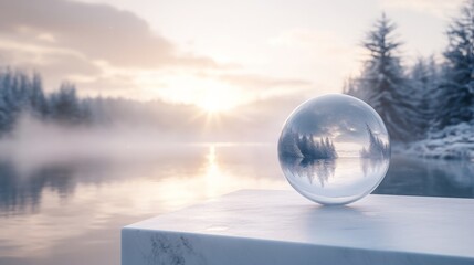 Poster - A crystal ball rests on a smooth surface, capturing the reflection of snow-covered trees and a calm lake at sunrise. The soft light and mist create a magical winter atmosphere.
