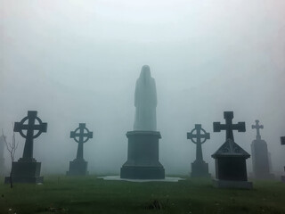 Poster - A foggy cemetery with a statue of a woman and several crosses. The atmosphere is eerie and mysterious