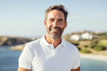 Canvas Print - Portrait of a smiling man in his 40s wearing a breathable golf polo in front of serene seaside background