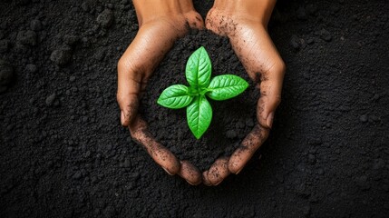 Poster - Hands Holding a Small Green Plant Growing in Dark Soil