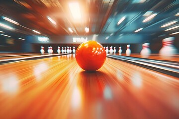 A bowling ball rolling down the lane towards the pins, motion blur effect to show movement and excitement 