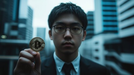 Poster - A Man in a Suit Holds a Bitcoin in Front of a Cityscape