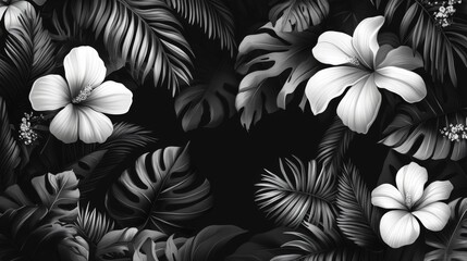 Poster - Monochrome Tropical Floral Pattern