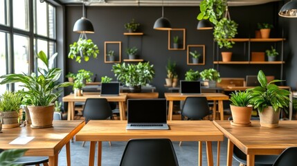 Poster - Modern Office Space with Plants and Laptop on a Wooden Table