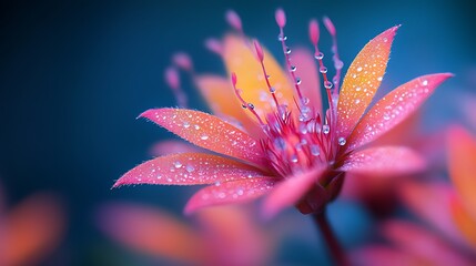 Wall Mural - A close-up of a pink and orange flower with dew drops on its petals, against a blue background.