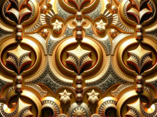 Wall Mural - A gold and silver design with many small circles and stars. The design is intricate and ornate, with a sense of luxury and opulence. The gold and silver colors give the design a sense of richness