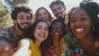 © Marta  Maksymiv - Selfie group of smiling multicultural young friends outdoors. Cheerful people posing happy for mobile photo hugging looking at camera all together. Positive relationships in community in generation