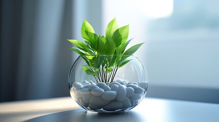 Wall Mural - A minimalist glass terrarium with a single, vibrant green plant surrounded by smooth white pebbles, set against a clean and simple backdrop,