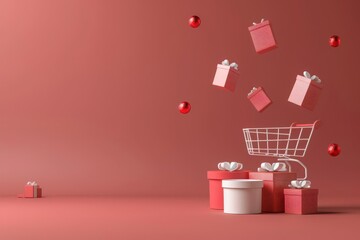 Shopping cart with floating gifts, red background