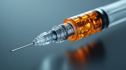 Poster - A detailed close-up of a syringe filled with an orange liquid, highlighting the needle and craftsmanship, ideal for medical and nursing contexts.