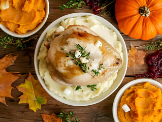 a festive meal featuring turkey, mashed potatoes, and seasonal sides.