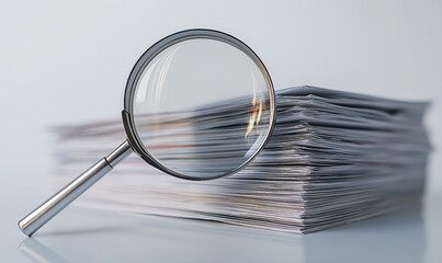 Wall Mural - a magnifying glass rests on top of a stack of neatly arranged documents, symbolizing investigation o