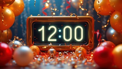 New Year digital clock at midnight with festive decorations