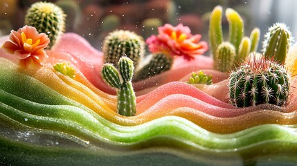 Poster - A modern open terrarium with vibrant cacti and swirling sand art, the sand layers blending vibrant pink, green, and orange hues, the glass reflecting soft sunlight,