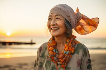 Wall Mural - Portrait of a happy asian woman in her 70s wearing a versatile buff on stunning sunset beach background