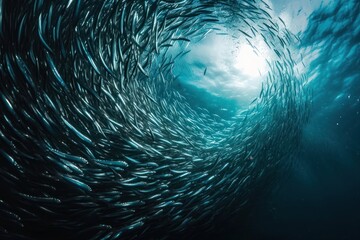 Wall Mural - Underwater photo of shoal of sardines in circle shape animal outdoors nature.