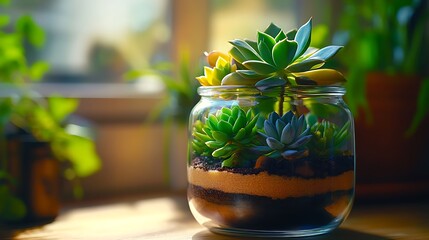 Poster - A modern terrarium in a glass jar with succulents planted atop layers of multicolored sand, the vibrant green plants contrasting beautifully with the rich hues of the sand,