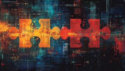 Leinwandbilder - Artistic representation of interlocking puzzle pieces symbolizing API integration, set against a dynamic abstract background filled with digital patterns and technology motifs