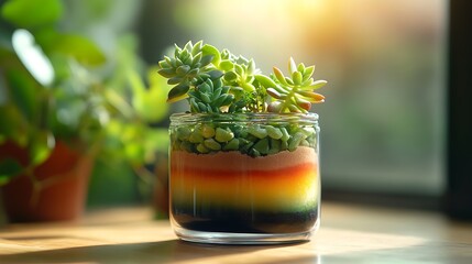 Poster - A modern terrarium in a glass jar with succulents planted atop layers of multicolored sand, the vibrant green plants contrasting beautifully with the rich hues of the sand,