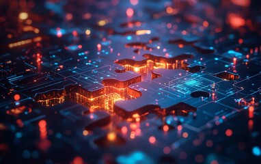 Aufkleber - Creative digital artwork of the API integration concept, featuring puzzle pieces merging seamlessly, with a futuristic tech background that signifies advanced connectivity