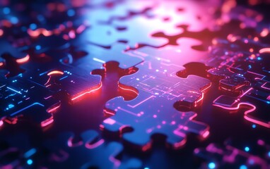 Fototapete - Creative digital artwork of the API integration concept, featuring puzzle pieces merging seamlessly, with a futuristic tech background that signifies advanced connectivity