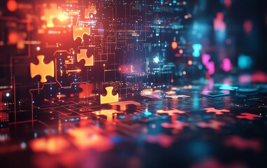 Aufkleber - Creative digital artwork of the API integration concept, featuring puzzle pieces merging seamlessly, with a futuristic tech background that signifies advanced connectivity