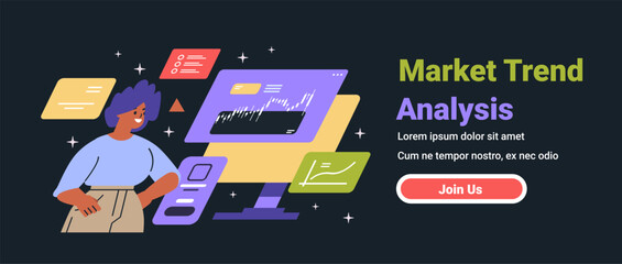 Poster - market trend analysis woman with charts digital data colorful graphics dark background website banne
