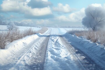 Canvas Print - Empty snowy road stage landscape outdoors winter.