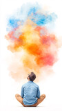 This image captures a man sitting in a reflective pose gazing upwards at a cloud of vibrant colors. The abstract visual symbolizes creativity