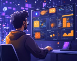 Aufkleber - Dynamic scene showcasing a tech professional integrating databases, streams, and APIs, emphasizing the complexity and importance of data interoperability