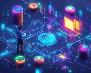 Leinwandbilder - Dynamic scene showcasing a tech professional integrating databases, streams, and APIs, emphasizing the complexity and importance of data interoperability
