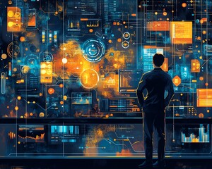 Aufkleber - Dynamic scene showcasing a tech professional integrating databases, streams, and APIs, emphasizing the complexity and importance of data interoperability