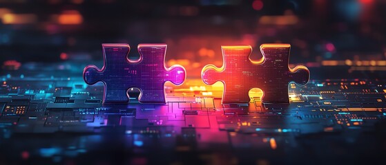 Aufkleber - Eyecatching graphic design showcasing API integration, with two puzzle pieces fitting together in a techinspired environment, representing collaboration and interoperability