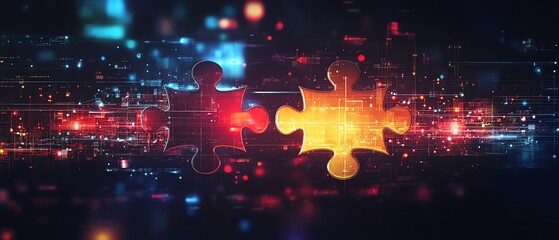 Aufkleber - Eyecatching graphic design showcasing API integration, with two puzzle pieces fitting together in a techinspired environment, representing collaboration and interoperability
