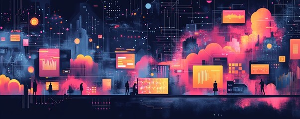 Aufkleber - Illustration of a diverse data ecosystem, showcasing databases, realtime data streams, and APIs interconnected in a dynamic, techinspired environment